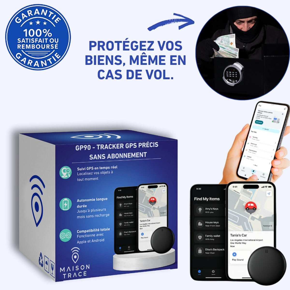 Maison Trace Orbit  (GP90)- Tracker GPS précis sans abonnement (Android/Apple)