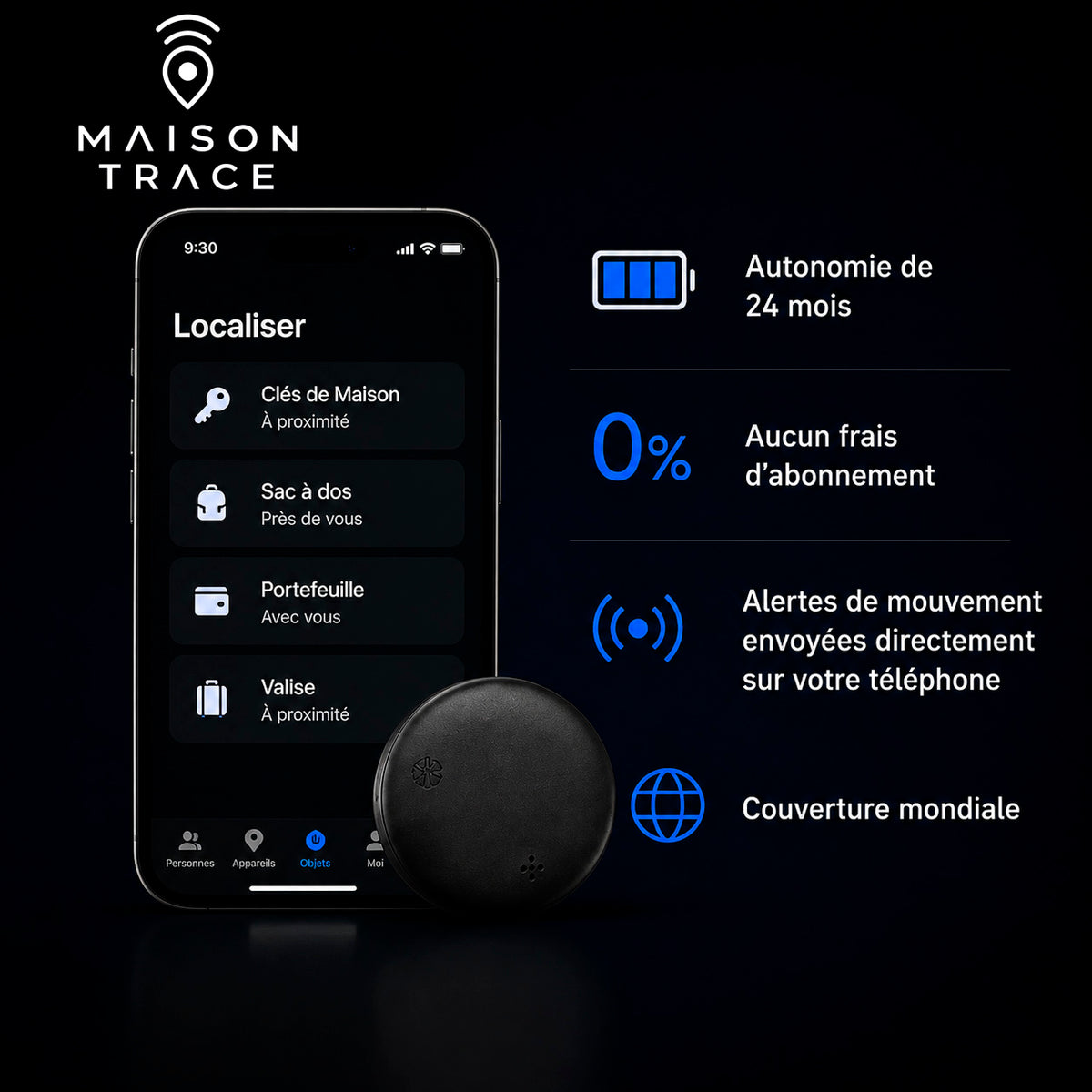Maison Trace Orbit  (GP90)- Tracker GPS précis sans abonnement (Android/Apple)